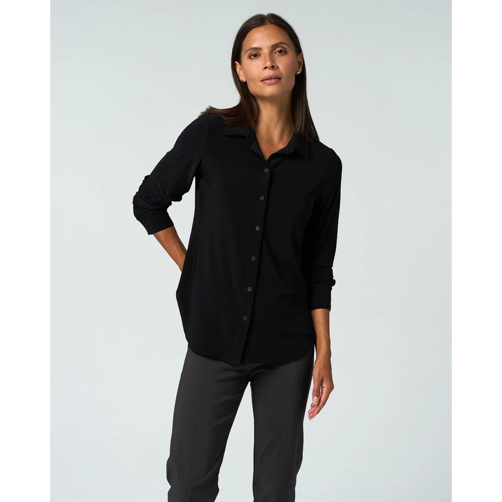 Franne Golde Katherine Shirt Womens Size L Black Button Down Stretch Long Sleeve